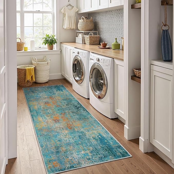 RELEANY Washable Area Rugs 2'x6' Non-Slip Modern Abstract Soft for Living Room Entryway Bedroom Nursery, Print Pattern, Teal Blue Green Orange Rust Red Coloreful