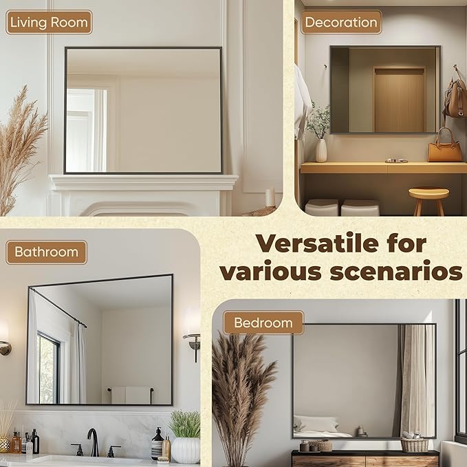 Antok 40x32 Black Metal Framed Bathroom Mirror, Wall Mirror with Rect Corners, Vanity Mirror for Over Sink, Anti-Rust Tempered Glass, Horizontal/Vertical Hanging for Bathroom, Living Room, Entryway