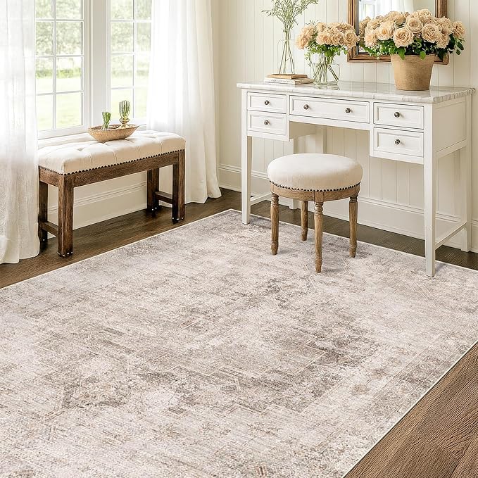 Washable 4x6 Area Rug for Entryway Indoor, Living Room, Kitchen, Bedroom Bedside - Stain-Resistant Non-Slip with Rubber Backing, Unique Floral Aesthetic Décor, Light Brown & Beige