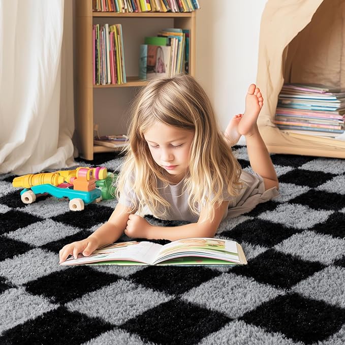 Checkered Rugs for Living Room 6x9, Ultra Soft Fluffy Rug for Bedroom, Modern Shaggy Carpets Fuzzy Rug for Girls Boys Room Home Indoor Nursery Teens Dorm Decor, Upgrade Non-Slip Durable, Dark Grey