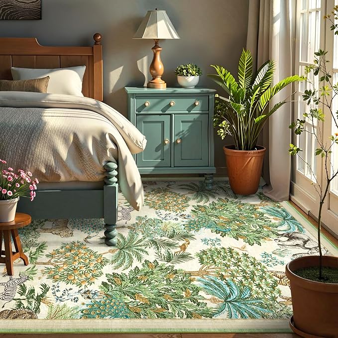 GarveeHome Jungle Animal Print Rug 6x9 Washable Area Rugs for Living Room, Forest Rug Non Slip Low Pile Stain Resistance Large Throw Carpet for Bedroom Dining Room Kids Playroom Nursery, Beige