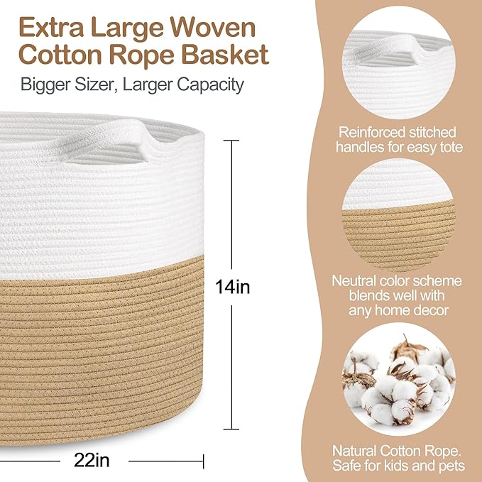 MEGASKET Extra Large Storage Basket, 22” x 22” x 14” Cotton Rope Bins for Storage, Wicker Baby Laundry Basket, Kids, Woven Kids Toy Bin Box, Decorative Baskets for Organizing Clothes, Towels, Blankets