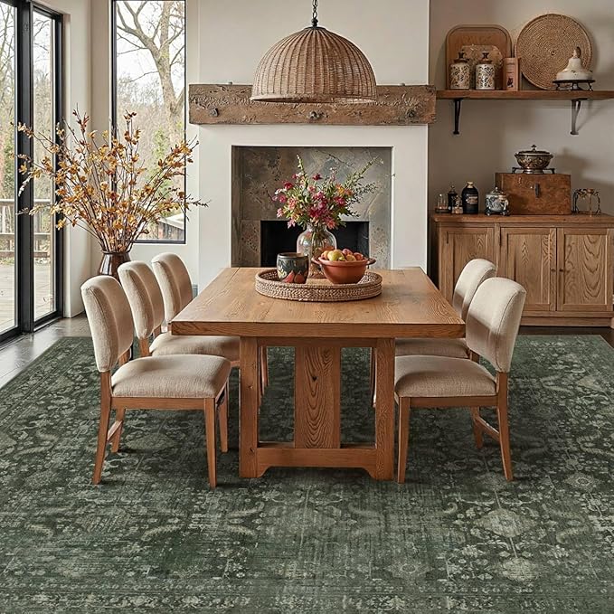 Rugxara 8x10 Area Rugs for Living Room Bedroom, Large Washable Rug, Green Vintage Floral Boho Rug, Non Slip & Low Pile Faux Wool Thin Carpet for Indoor Dining Room and Kids Room(Green 8x10ft)