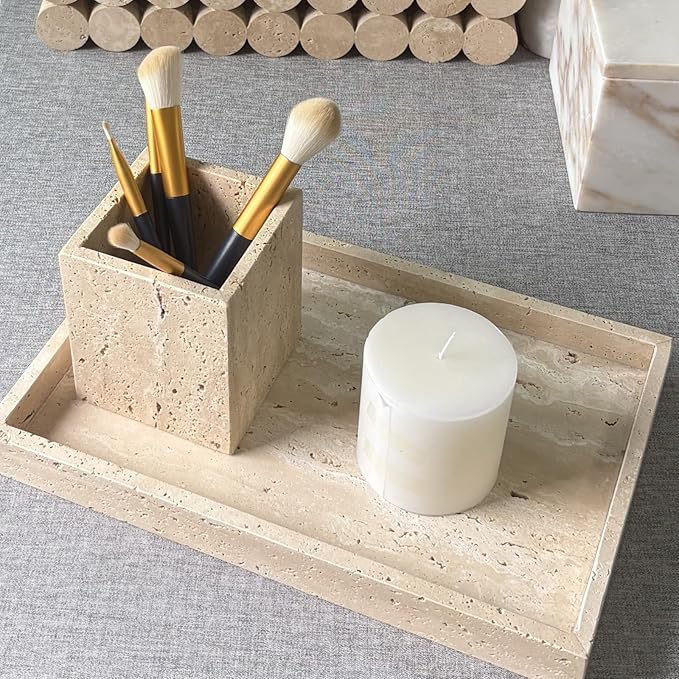 Natural Marble Vanity Tray, Cosmetics Towels Tray, Decorative Tray, Catchall Tray for Dresser Bathroom Kitchen (Beige Travertine, 11.8L x 7.87W x 1.18H)