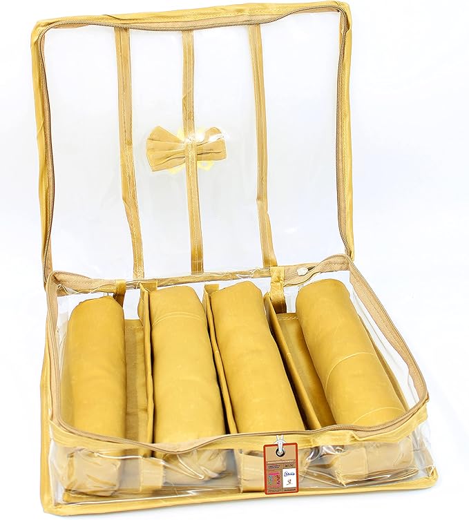 atorakushonSatin Fabric 4 Rod Bangle Box Organizer for Women Girls Jewellery Pouch Storage Bag Makeup Travel Wardrobe Wedding Set for Bride Golden