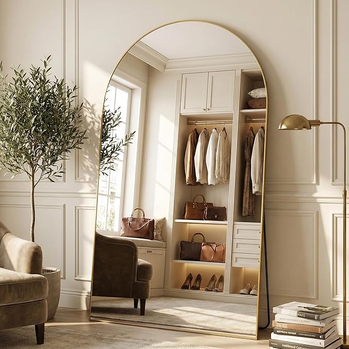 Suidia 72"x44" Arched Full Length Mirror with Stand, Full Body Mirror with Aluminum Frame, Freestanding/Leaning/Wall-Mounted, Floor Mirrors for Bedroom, Living Room, Entryway, Dressing Room, Gold