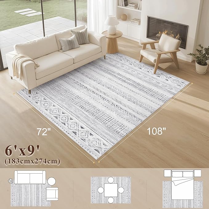 cotiled 6x9 Area Rug Living Room: Washable Boho Rugs with Non Slip Backing Large Soft Indoor Stain Resistant Carpet for Bedroom Farmhouse Dining Room Lightweight Home Decor Dark Grey