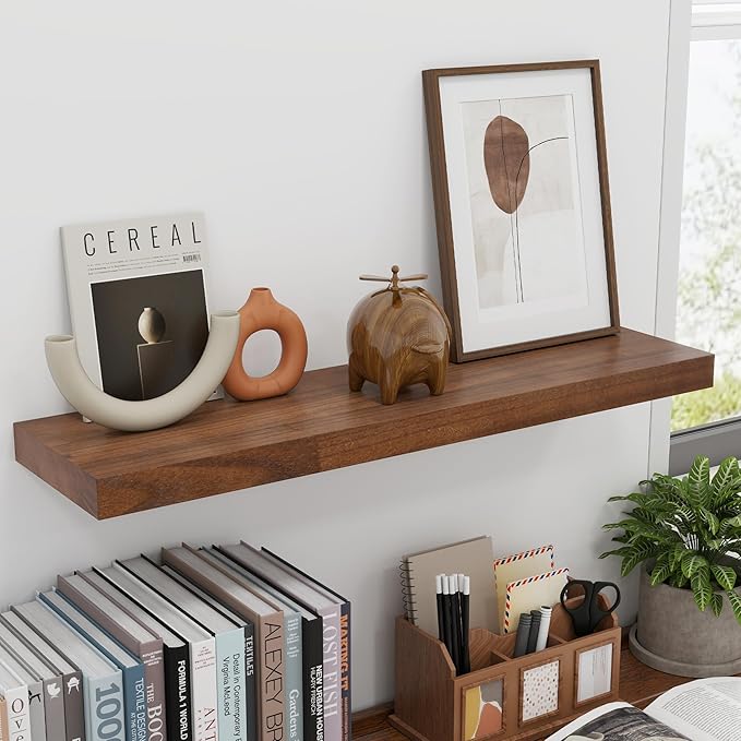 fuqing Wood Floating Shelves | 24 Inch Floating Shelves for Wall Set of 2 | 24" W x 6.7" D x 1.4" H Rustic Walnut Shelves for Bathroom Living Room Bedroom Kitchen