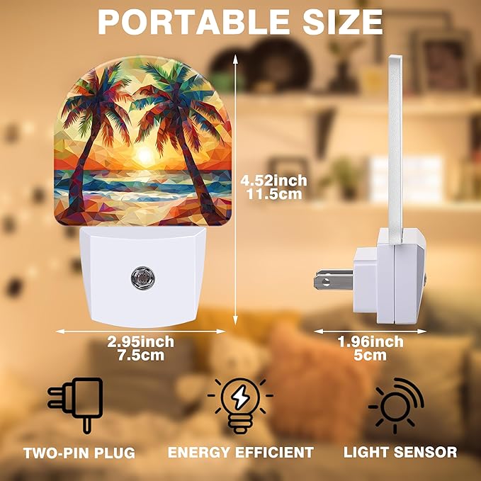 Night Lights Plug into Wall Beach Sunset with Palm Trees Night Light Dusk to Dawn Smart Sensor Decorative Round Led Lamp for Bedroom Kitchen Hallway Nightlight for Women Men