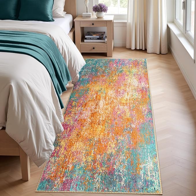 RELEANY Washable Area Rugs 2'x6' Non-Slip Modern Abstract Soft for Living Room Entryway Bedroom Nursery, Print Pattern, Orange Blue Pink Yellow Colorful