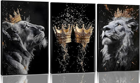 3 Pieces Lion Canvas Wall Art Golden crown with lion Poster print Modern Motivational Black And White Lion Pictures Wall Decor for Living room Office Decoration Unframed