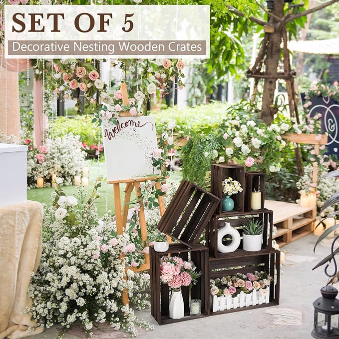 CroBlissful 6 Pcs Decorative Wood Crates for Storage Display Rustic Nesting Crates with Handle Farmhouse Wooden Storage Container Boxes for Wedding Baby Shower Birthday Party(Vintage Dark Brown)