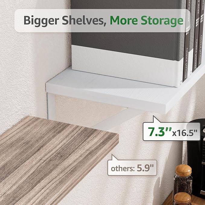 COCOYA Wall Shelves 7.3" Deep Set of 4, Solid Paulownia Wood Wider Longer Sturdy Easy to Install Wall Mounted Bookshelves Storage Shelves Bathroom Home Office Laundry Room Bedroom Organizer White