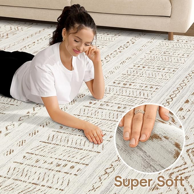 cotiled 7x9 Area Rug Living Room: Washable Boho Rugs with Non Slip Backing Large Soft Indoor Stain Resistant Carpet for Bedroom Farmhouse Dining Room Lightweight Home Decor Brown/Cream