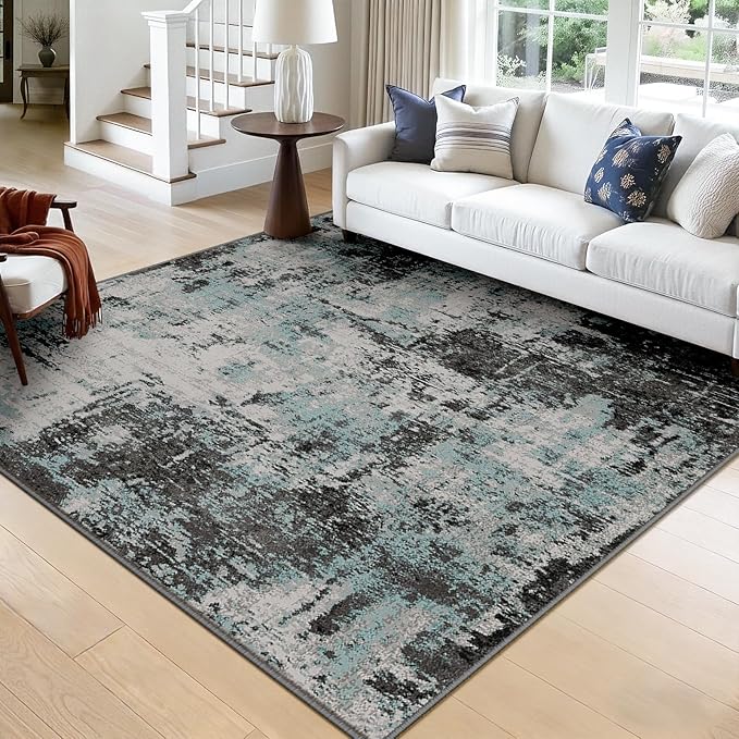 RELEANY Washable Area Rugs Square 8ft Non-Slip Modern Abstract Soft for Living Room Entryway Bedroom Nursery, Print Pattern, Blue Black Teal