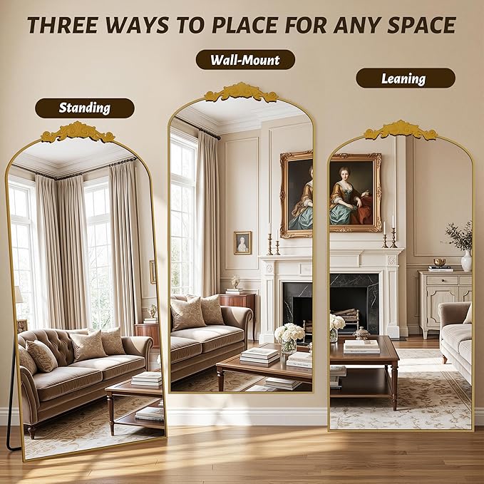 Vintage Full Length Mirror,76"x34" Arched Antique Floor Mirror with Carved Metal Frame,Large Standing Wall Mounted or Leaning Mirror for Bedroom Living Room Entryway,Gold