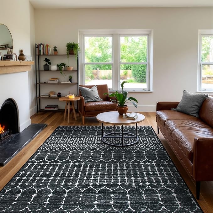 Lahome Moroccan Black Area Rugs 8x10 Living Room Non-Slip Backing Ultra-Thin Large Rug Throw Stain Resistant Dining Room Rugs for Under Table, Geometric Print Modren Soft Rug for Bedroom Office Hana