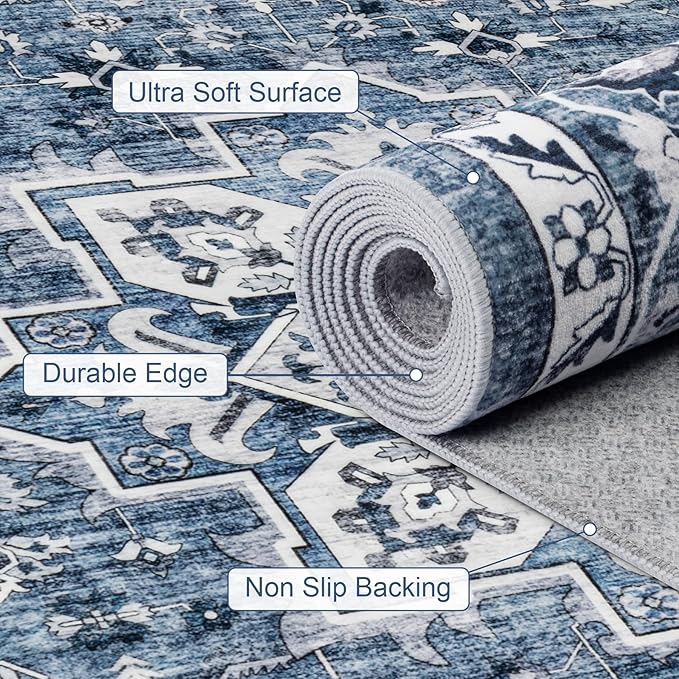 3x5 Area Rugs Living Room Rug: Washable Vintage Boho Medallion Rug No Slip Stain Resistant Soft Carpet Indoor Floor Large Carpets for Bedroom Dining Room Farmhouse Nursery Hallway Home Office Blue