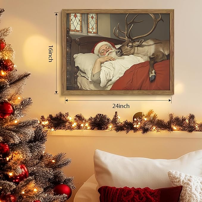 Framed Christmas Wall Art, Vintage Santa Claus and Reindeer Canvas Prints Winter Holiday Home Decor Christmas Wall Decor for Bedroom Living Room – 16x24in