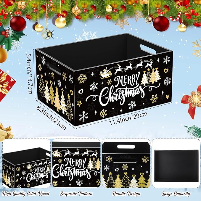 Soaoo Christmas Wooden Crate 11.4 x 8.3 x 5.4 Inch Merry Christmas Storage Box with Handles Decorative Rustic Farmhouse Wood Basket for Xmas Hot Cocoa Bar Candy Pet Table Decor (Black)
