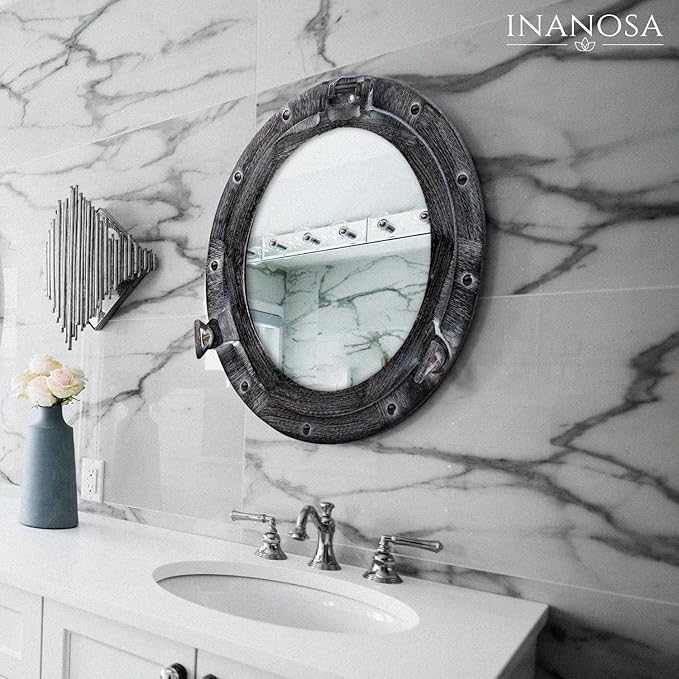 8 Inch Bathroom Wall Decor Ship Porthole Mirror with Antique Gray Finish – Vintage Round Wall Mounted Mirror for Bathroom Vanity, Nautical Pirate Coastal Vintage Home Décor