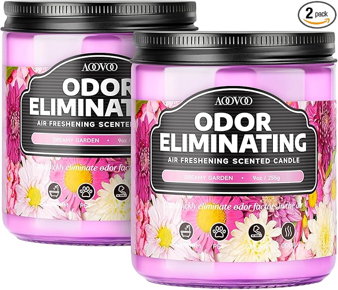 AOOVOO Dreamy Garden 2 Pack Odor Eliminating Highly Fragranced Candle - Eliminates 95% of Pet, Smoke, Food and Other Smells Quickly, Non Toxic Air Freshing Soy Candle, 18 oz Up to 100 Hours Burn time