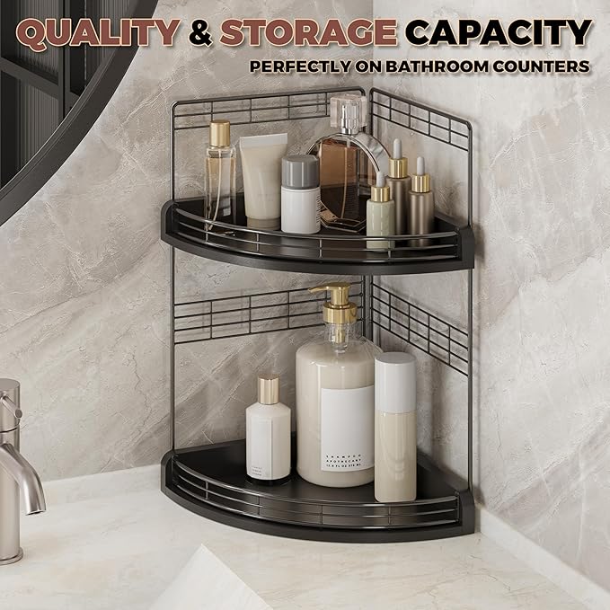 2-Tier Bathroom Countertop Corner Organizer for Small Spaces Counter Shelf for Sink & Vanity, Compact Vertical Storage for Toiletries (Black)