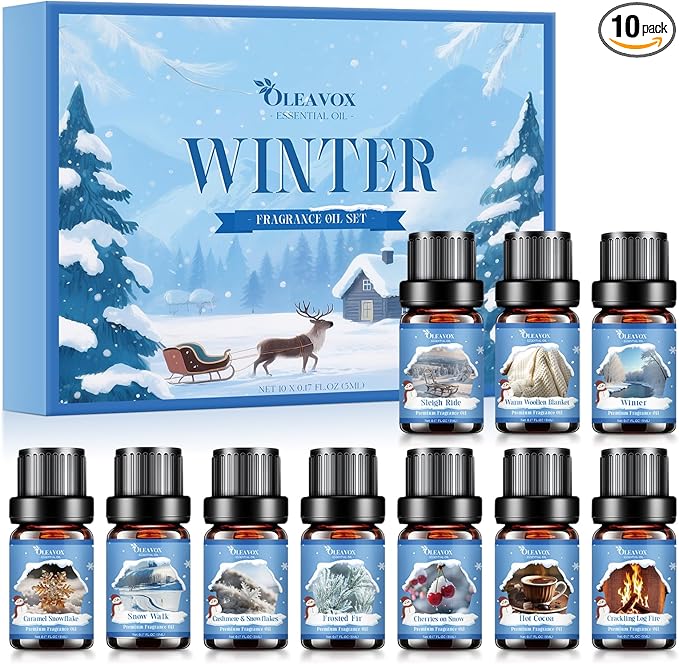 Winter Essential Oils Set, Premium Holiday Fragrance Oil for Diffusers, Scents for Candle & Soap Making,Hot Cocoa, Frosted Fir, Cashmere & Snowflakes and Sleigh Ride More 10x5ml,Aromatherapy Oils