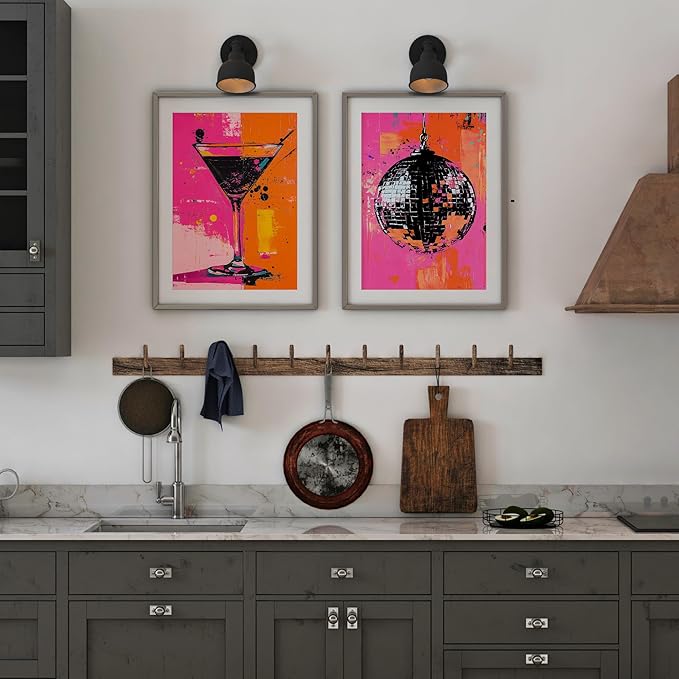 Eastern Print Disco Abstract Wall Art Set of 4, Retro Vinyl Record & Disco Ball Posters, Pink and Orange Wall Decor for Home and Kitchen, Record Wall Art, Abstract Poster, 8x10 Unframed