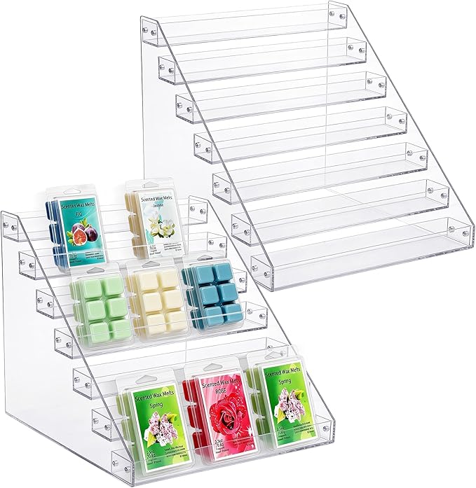 2 Pack 12" Wax Melt Holder Display, 7 Tier Clear Acrylic Risers Display Stands, Perfume Shelf & Organizer for Wax Cubes Wax Melt Candles,Clear