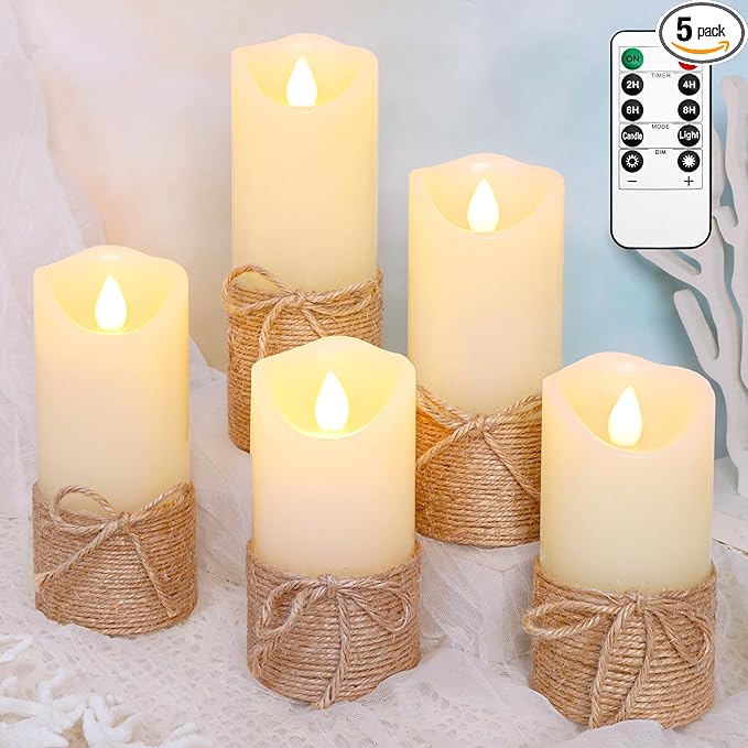 Crystal Club Flameless Candles Flickering with Timer, Set of 5 Battery Pillar Candles with Hemp Rope, Realistic Wax Candle Lights for Summer Party Home Table Décor