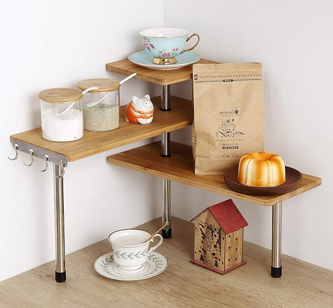 HYNAWIN 3-Tier Corner Shelf, Bamboo & Metal Storage Rack with Hooks, Adjustable Countertop Organizer for Kitchen, Bathroom, Bedroom or Office