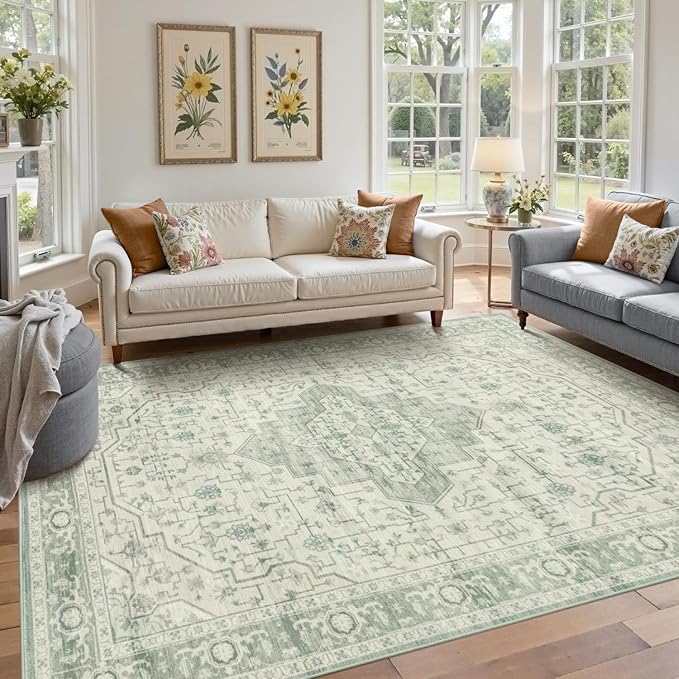Rugxara 8x10 Washable Area Rug for Living Room, Extra Large Vintage Boho Rugs for Office, Kids Room, Farmhouse, Durable Low Pile Non Slip Carpet for High Traffic Areas, Sage Green