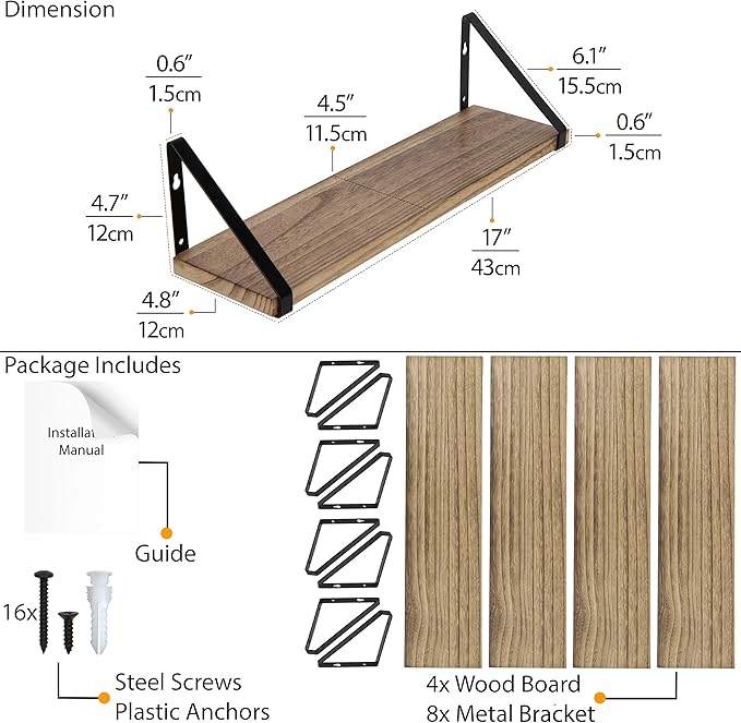 Wallniture Ponza Floating Shelves Wall Mounted Set of 4, Wall Shelves for Bedroom, Bathroom, Living Room, Kitchen, Natural Burnt Rustic Wood Board with Metal Floating Shelf Bracket