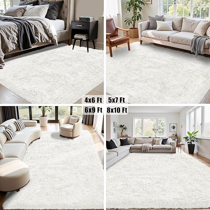 4x6 Area Rug for Living Room:Ultra Soft Fluffy Shag White Rugs,Large Fuzzy Plush Indoor Non Slip Carpet Washable Rug for Bedroom Kids Nursery Office Dorm Modern Decor(White 4'x6')