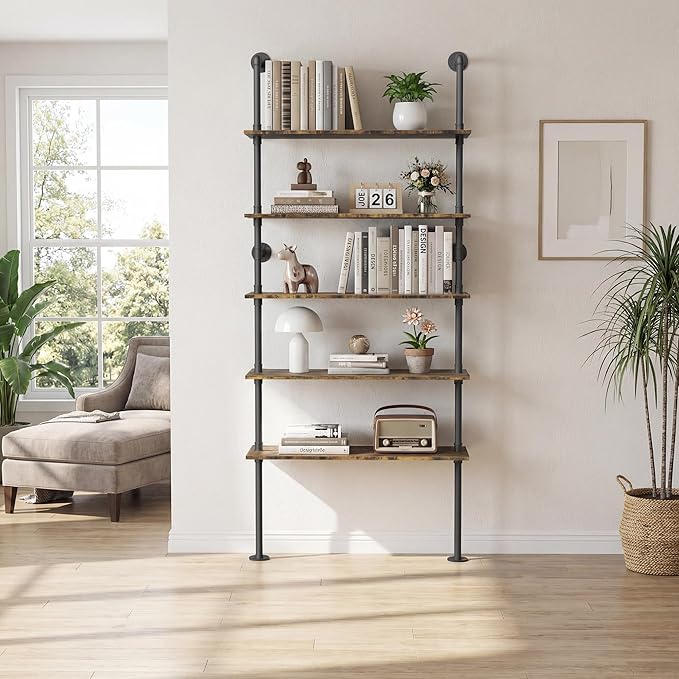 Merapi Rustic Industrial Bookshelf, 78.6" Tall 5-Tier Storage Shelf with Solid Wood & Metal Frame, 9.8" D x 35.4" W for Living Room, Office, Bedroom Farmhouse Display