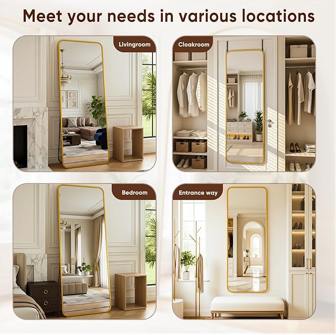 Antok 48''x 14'' Full Length Mirror Over Door, 4-in-1 Standing Leaning Wall Mounted, Adjustable Hanging Mirror for Bedroom Living Room, Gold, Rounded Corner
