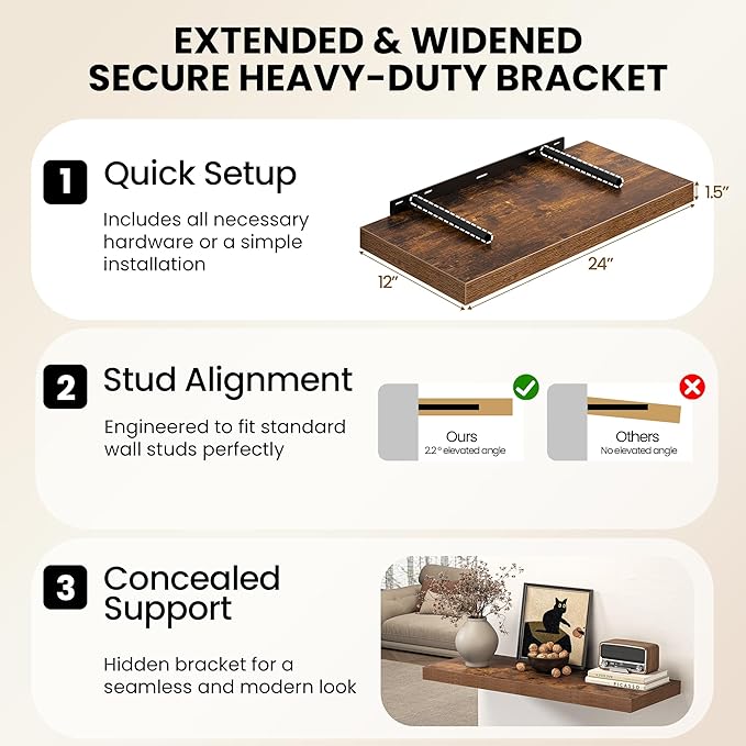Fun Memories 72 Inch Floating Shelves, 12 Inch Deep Wall Shelf for Fireplace Mantel, Rustic Brown Deep Storage Shelves for Home & Office, Long Floating Shelf with Invisible Bracket, Set of 2