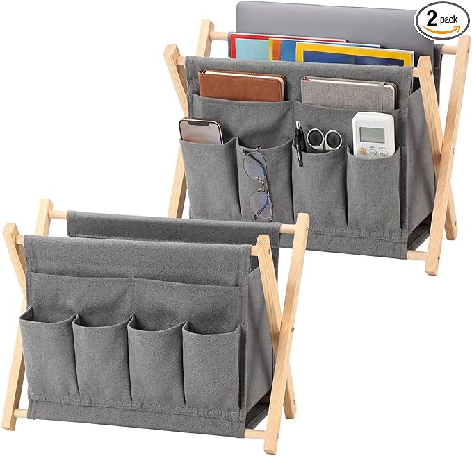 Sliner 2 Pack Foldable Magazine Rack with 6 Pockets 14x10.4 Inch Book Basket Storage Holder for Books, Newspapers, Home Couch Tablet Magazine Holder for TV Remote Control Living Room
