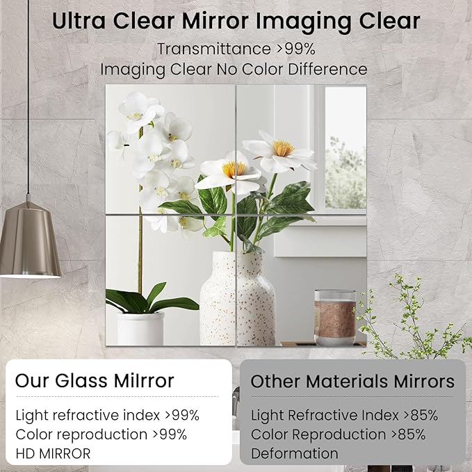 JAMBALAY Full Length Wall Mirror Tiles, 12Pcs 16"×12" Home Gym Mirrors for Gym, HD Glass Wall Mirrors, Self Adhesive Frameless Wall Mirror for Bedroom, Living Room, Over The Door