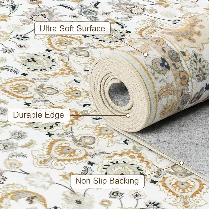 Hallway Runner Rug Non Slip - Washable 2.6x8 Kitchen Rugs for Living Room, Low-Pile Soft Bedroom Rug Indoor Floor Stain Resistant Carpets for Entryway, Laundry, Bathroom Beige