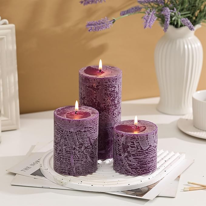 3x4 Inch Purple Pillar Candles Set of 3 - Hand-Poured Unscented Candles, Long Clean Burning, Smokeless Dripless Candle for Dinner Table, Wedding, Home, Bathroom, Advent Decor
