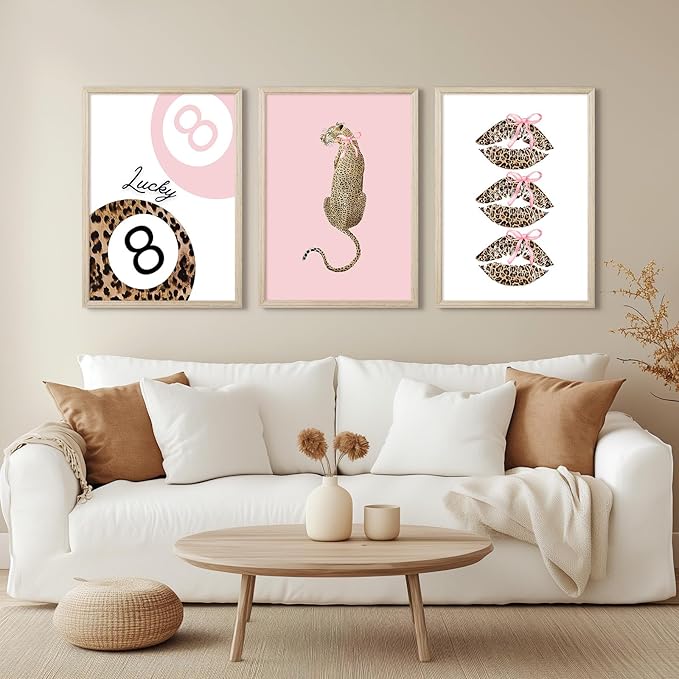 Pink Leopard Wall Art Decor Cheetah Trendy Poster Preppy Aesthetic Canvas Room Decor Pictures Coquette Y2k Wall Art 8 Ball Prints Pink Fashion Bow Artwork for Girls Bedroom 12x16x3 Inch Wood Framed