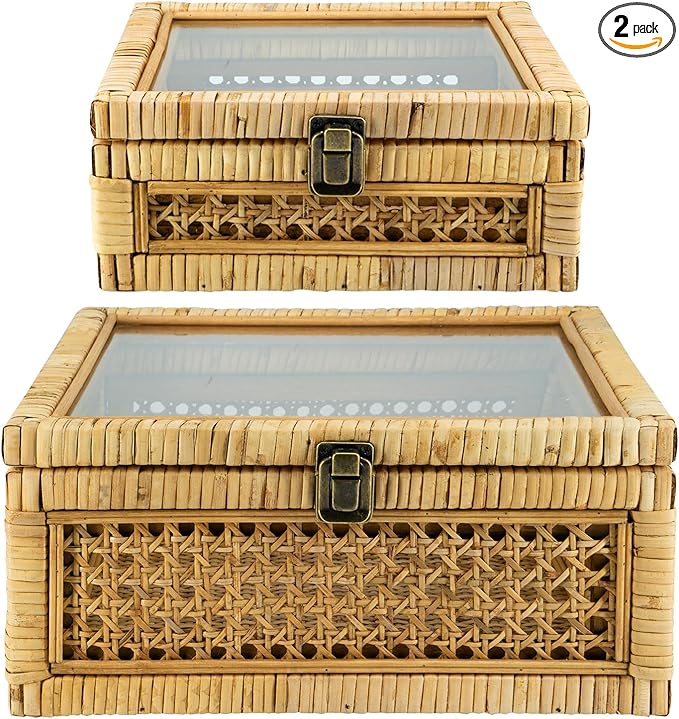 HUAXIN CRAFT H Rattan Square Box with Lid - Set of 2 Wicker Decorative Bins with Glass Cover for Display