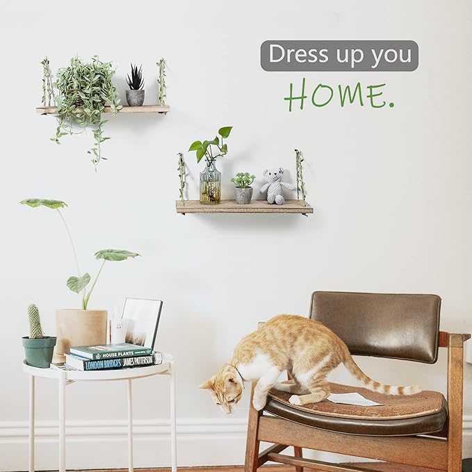 MITIME Leaf Rope Hanging Floating Shelves, Wall Swing Storage Shelf for Home Decor.17, 2-Pack (Light Color)