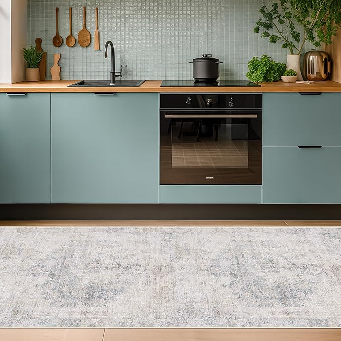Hazo Haus Non Slip 10ft Long Hallway Runner Rug - Blue and Gray 2 x 10 Runner Rug, Washable & Waterproof 2x10 Kitchen Floor Mat - Modern Abstract Design Décor