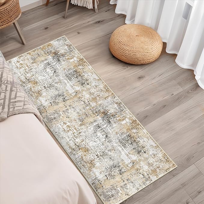 2x5 Non-Slip Washable Runner Rug – Modern Neutral Abstract Small Rug for Hallway, Kitchen, Bathroom, Bedroom, Entryway, Laundry Room – Thin Soft Low-Pile Rubber Backing (Gold Grey)