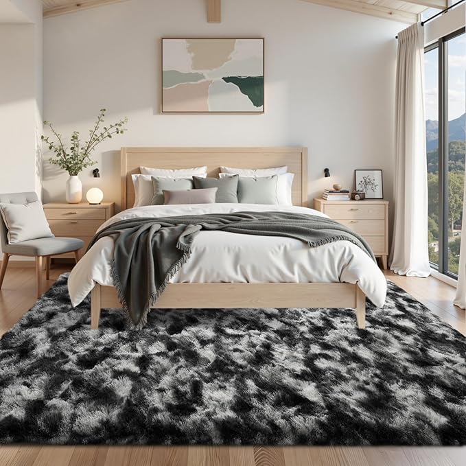 Area Rugs for Living Room 6x9Ft, Soft Fluffy Shagg Plush Bedroom Rug Non-Slip,Large Carpet for Nursery Kids Dorm Home Decor,Black