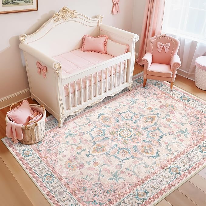 CAPALOCA Machine Washable Rugs Nursery Rug 4x6 Cute Girl Non Slip Low Pile Water Repellent Soft Print Pattern for Bedroom Indoor Decor Kids Playroom Pink Teal