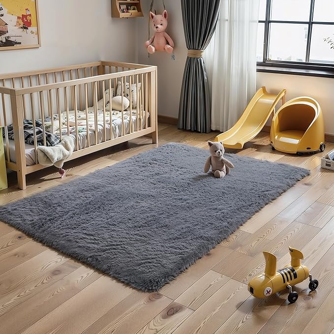 KICHOWUA 5x8 Grey Fluffy Fuzzy Area Rug for Bedroom, Soft Plush Washable Shag Carpet for Living Room,Gray Comfy Floor Non Slip Furry Shaggy Rugs for Kids Baby Boys Girls Nursery Teens College Dorm